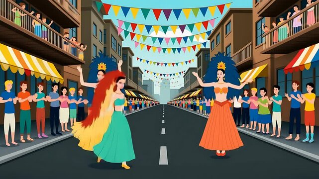 Festive Street Parade: Vibrant Dancers and Cheerful Crowd