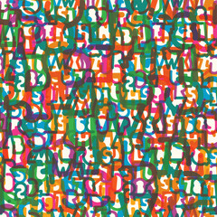 abstract vector color seamless pattern background with contours letters of simple, thick humorous geometric letterform font with holiday and party theme. Latin alphabet letters, numbers. Not used ai