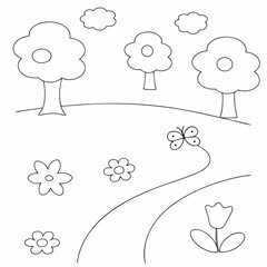Garden coloring page simple and minimal line art illustration on white background