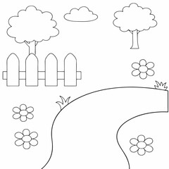 Garden coloring page simple and minimal line art illustration on white background