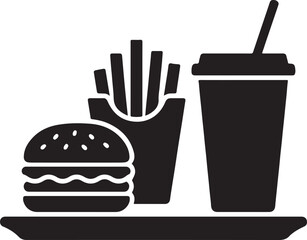 Silhouette vector of a fast food tray with burger, ideal for restaurant branding, takeaway designs, food service, and quick meal promotions.