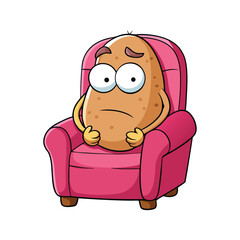 Sad potato character sits alone, looking forlorn in a plush pink armchair