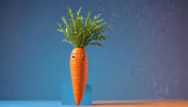 A whimsical cardboard carrot against a vibrant blue backdrop , vibrant, studio