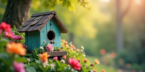 Quaint birdhouse nestled amongst vibrant spring blooms , day, wooden, natural