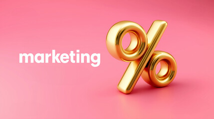 Gl&auml;nzendes goldenes Prozentzeichen mit Text Marketing auf rosa Hintergrund symbolisiert Rabatt oder Zinsen
