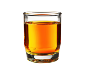 Sip of amber liquid in a clear glass on a neutral surface on a transparent background, cut out
