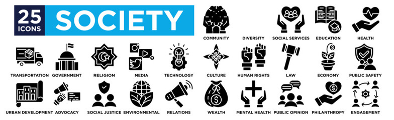 Society icon collection set. Containing design Community, Diversity, Social Services, Education, Health,
