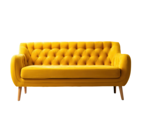 Bright yellow tufted sofa for modern living room design on a transparent background, cut out