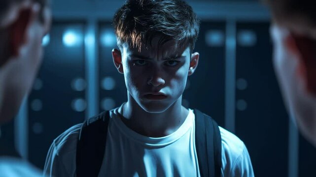 Three teenagers face each other in a dimly lit locker room, highlighting tension and rivalry before an important event. Bullying problem at school