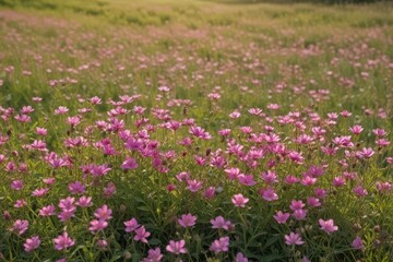 Delicate pink wildflowers carpet a sun-drenched meadow, carefree, lovely, whimsical