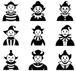 Black and White Jester and Clown Icon Set - Vector Silhouettes