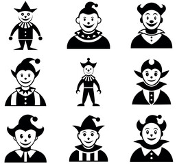 Black and White Jester and Clown Icon Set - Vector Silhouettes