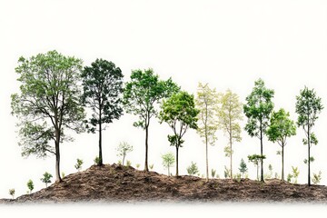Obraz premium Row of trees on a slight incline, showcasing varying heights and foliage, against a white backdrop