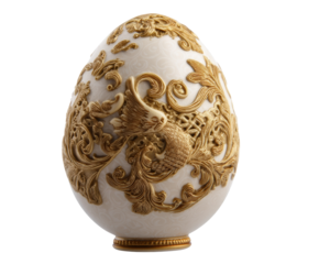 Ornately crafted decorative egg showcasing intricate gold detailing on a transparent background, cut out