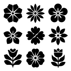 A collection of nine stylized black flower icons arranged in a grid on a white background, each with unique petal shapes and symmetrical designs, representing floral patterns.