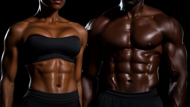 A couple of fitness athletes show off their muscular physiques in a darkened studio, highlighting their commitment to training