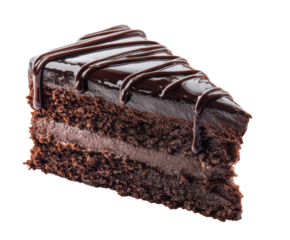 Decadent chocolate cake slice with rich frosting on a transparent background, cut out