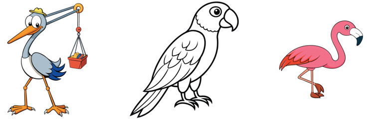 Cartoon bird collection featuring a crane parrot and flamingo on a white background