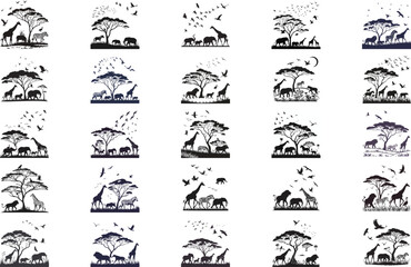 Naklejka premium Silhouette of animals and birds in the savannah on white background