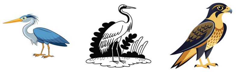 Obraz premium Assortment of cartoon birds heron crane and falcon illustration collection vector design