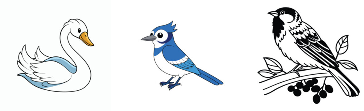 Cartoon bird collection featuring a swan blue jay and a sparrow vector art
