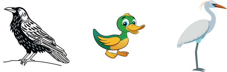 Obraz premium Cartoon bird illustrations featuring a raven duckling and egret on white background