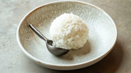 A perfectly formed mound of cooked white rice in a bowl