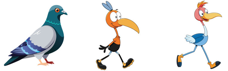 Fototapeta premium Cartoon birds collection featuring pigeon road runner and ostrich comic style illustration set of animated characters