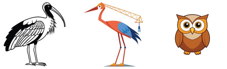 Fototapeta premium Cartoon vector illustration of different bird species ibis crane and owl on a white background