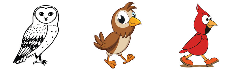 Obraz premium Collection of animated cartoon bird characters featuring owl,sparrow,and cardinal with line art