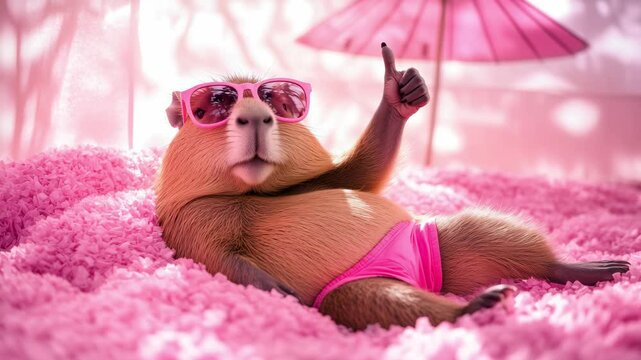 A capybara lounges comfortably on a fluffy pink surface, wearing sunglasses and a swimsuit, enjoying a sunny day