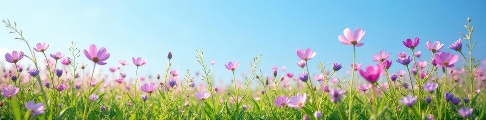Obraz premium Delicate wildflowers in shades of purple and pink blanket a tranquil meadow against a clear blue sky , blossom, tranquil, background