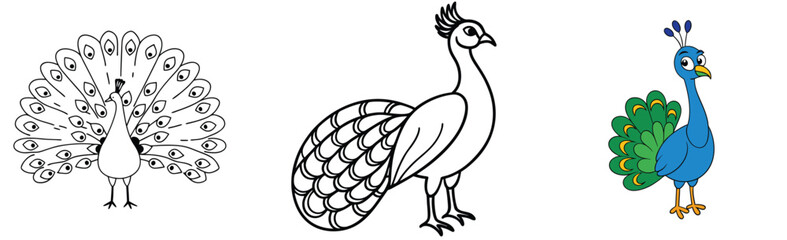 Obraz premium Peacock illustration set with open tail,stylized design and cartoon colored bird