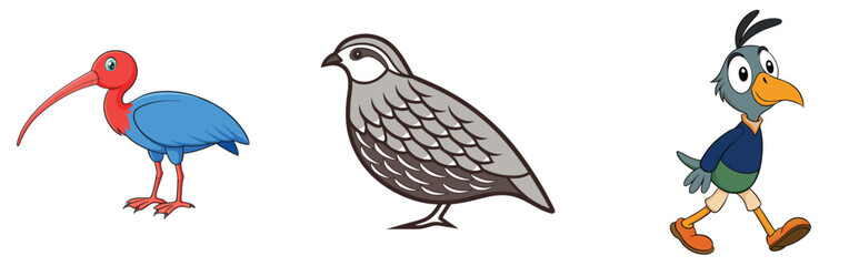 Three cartoon birds in different styles isolated on white background vector illustration