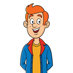 Smiling young man with vibrant red hair wears blue jacket and yellow shirt