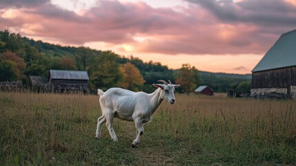 Fototapeta premium White goat in a golden sunset field