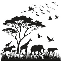 Silhouette of animals and birds in the savannah on white background