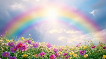Obraz premium Rainbow over a field of flowers