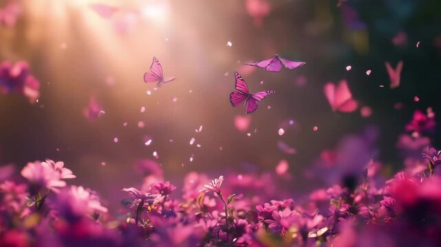 Butterflies flying above a field of blooming flowers as sunlight filters through, creating a serene and enchanting atmosphere in the garden