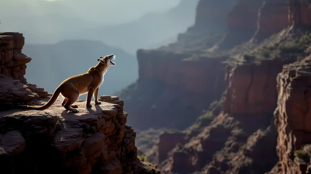  A puma roaring at the edge of a canyon, the sound echoing into the vast expanse