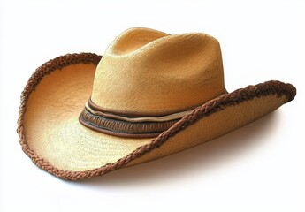 Beige Straw Cowboy Hat Isolated on White Background, Western Hat, Straw Hat