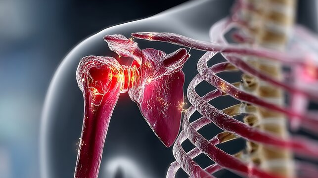 Anatomical illustration of shoulder bursitis fluid buildup in subacromial space visualizing inflammation from repetitive overhead lifting