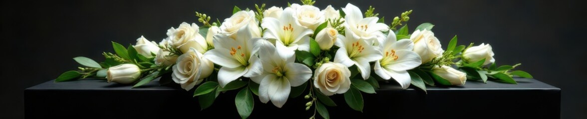Obraz premium Delicate white roses and lilies cascade over a black casket , funeral flowers, sadness, loss