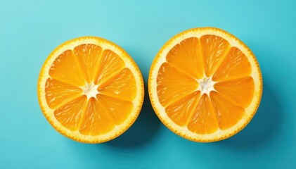 Fototapeta premium Two juicy orange halves, segmented, vibrant, on a serene blue backdrop , bright, wellness, image