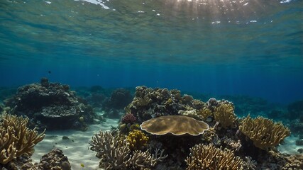 Obraz premium Underwater view of coral reef with sunlight penetrating the water surface.
