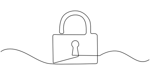 Lock continuous one line drawing of Isolated outline vector design black and white background, Continuous one line drawing of metal padlock. Padlock security sign symbol vector illustration.