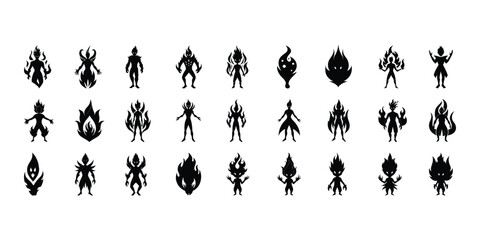 Fototapeta premium Black silhouette illustrations of fire elementals depicting fantasy characters and fiery spirits
