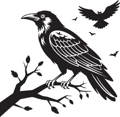 Crow or Raven Perched on Branch Halloween Bird Silhouette