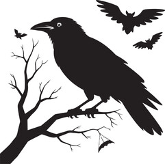 Crow or Raven Perched on a Branch Halloween Bird Silhouette