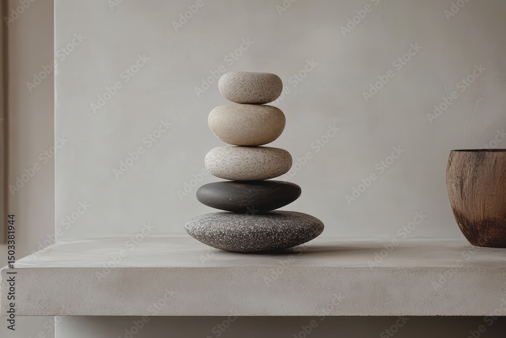 Poster elegant arrangement of stacked stones on a minimalist shelf in a serene indoor space during daylight